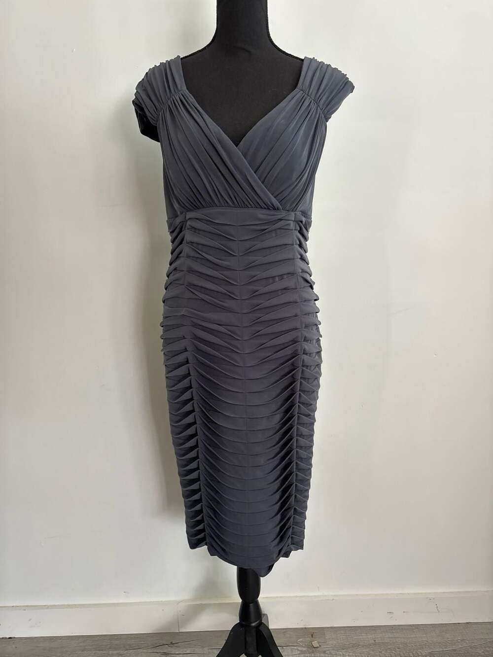 JAX Grey Ruched Pleated Shutter Sheath Cockail Dress